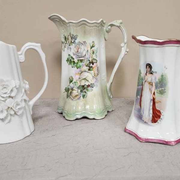 Vintage Porcelain Pitcher | Choose From: White Antique Reflections, Unmarked Green Floral Or East Liverpool Pottery Queen Louise Of Prussia