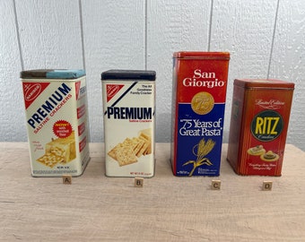 Vintage Metal Storage Canisters | Choose From: Nabisco Saltine Light Blue Lid, Nabisco Saltine Dark Blue Lid, San Giorgio, Or Ritz Crackers