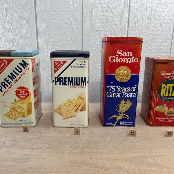 Vintage Metal Storage Canisters | Choose From: Nabisco Saltine Light Blue Lid, Nabisco Saltine Dark Blue Lid, San Giorgio, Or Ritz Crackers