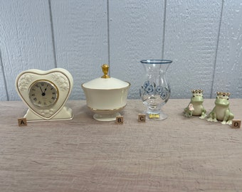 Vintage Lenox | Choose From: Heart Clock, Lidded Candy Dish, Clear w/Blue Floral Vase, Or Prince & Princess Frog Salt/Pepper Shakers