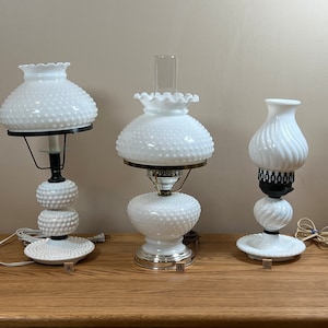 Vintage Hurricane White Milk Glass Lamp | Choose From: Double Ball Lamp, Hurricane Desk Lamp, Or Swirled Bedside Lamp