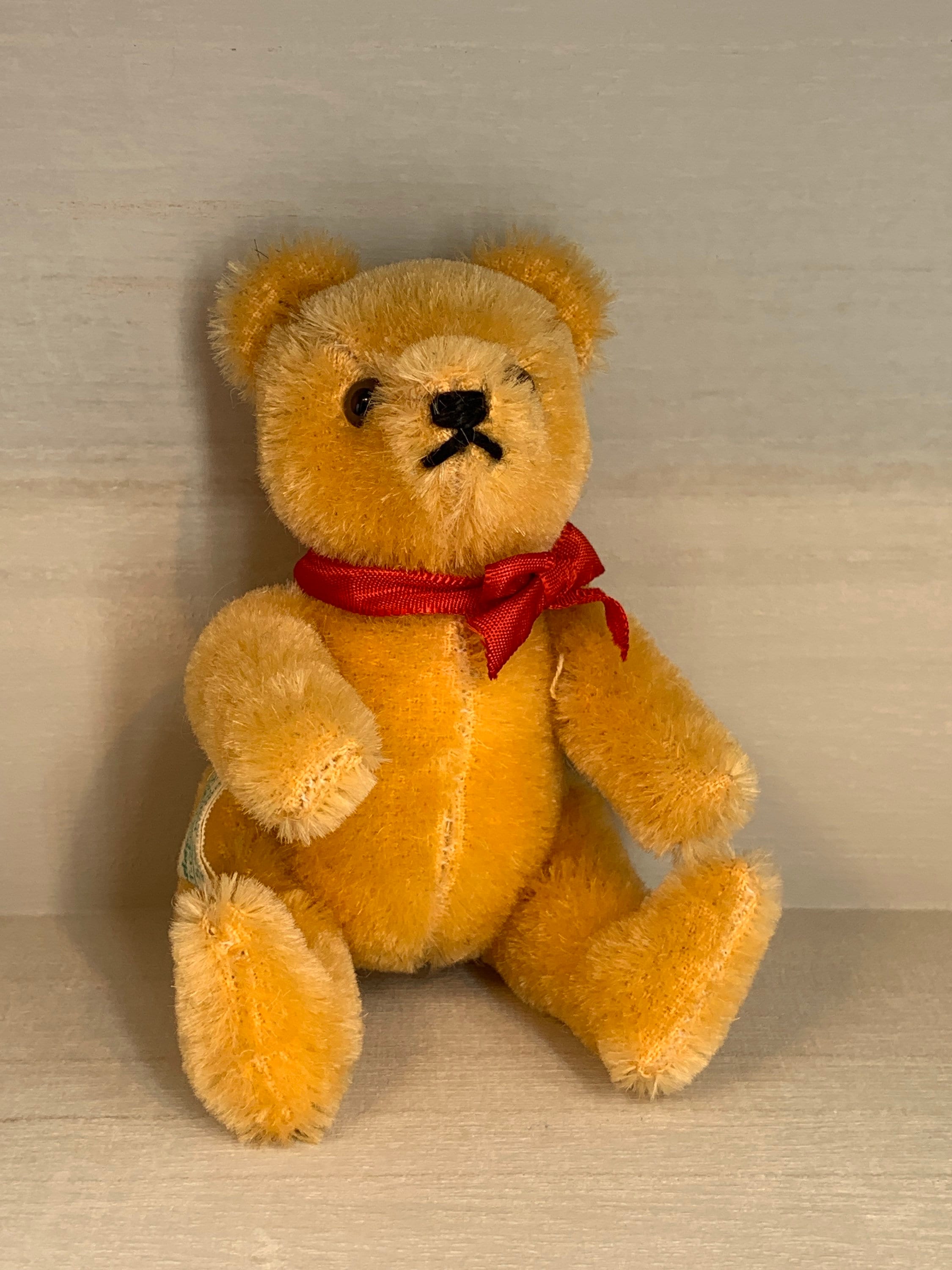 Vintage Hermann Teddy Original Miniature 5in Gold Mohair Teddy Bear W red Bow West Germany EUC Wool Cotton Green and White Tag Etsy