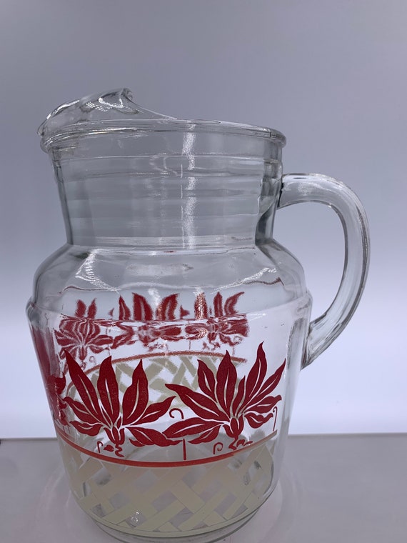 Glass Water Pitcher With Ice Spout With Brown Retro Floral 