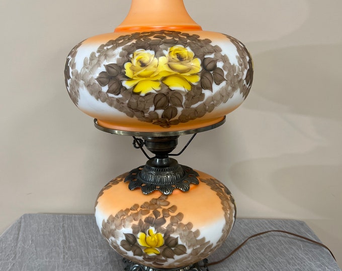 Featured listing image: Vintage Gone With The Wind Hurricane Table Lamp with 3-Way Light | GWTW | Hand-Painted Yellow Roses On Peach Over Milk Glass Globe - Signed
