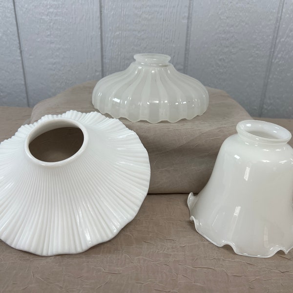 Vintage Milk Glass Lamp Shade Replacement | Choose From: Art Deco Pendant Light Shade, Ruffled Bell Shape, Or Ribbed/Pleated Petticoat Shade