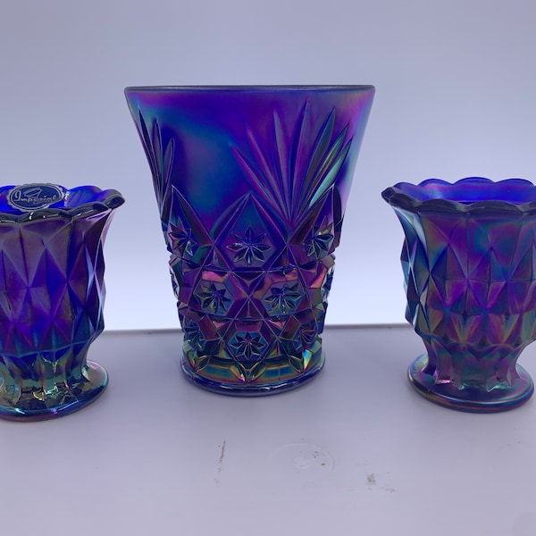Cobalt Blue Carnival Imperial Glass Aurora Jewels | Choose From: 1971 Limited Edition Star Cut Tumbler Or Diamond Cut Toothpick/Votive Cup