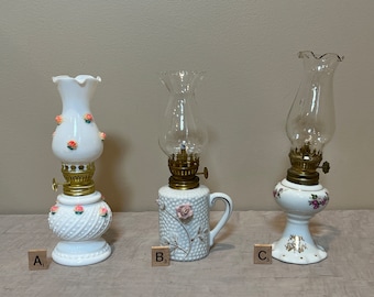 Vintage Miniature Oil Lamp | Choose From: Milk Glass w/Applied Peach Flower Buds, Hobnail w/Applied Pink Rose Bud, Or Pink/White Rose Floral