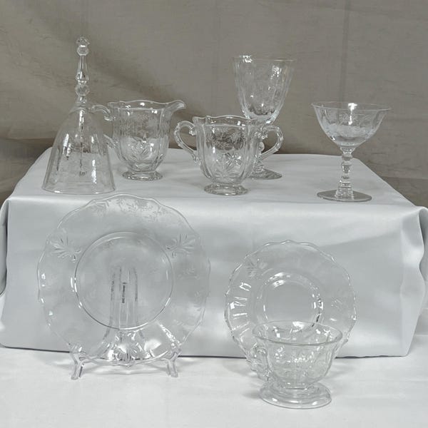 Etched Fostoria "Chintz" Dinnerware | Choose From: Water Goblet, Low Sherbet, Teacup/Saucer, Teacup Only, Salad Plate, Bell, Or Cream/Sugar