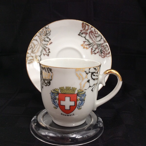 Vintage Footed Schweiz Crest Design Fine Bone China Tea Cup & Saucer | Winterling | Made in Bavaria | Kirchenlamitz