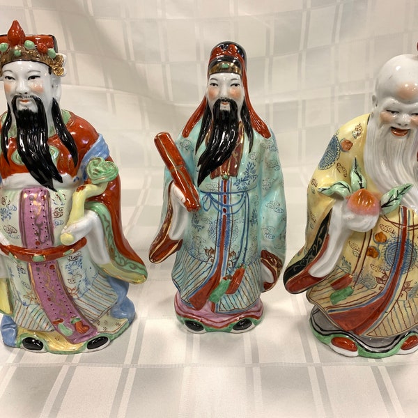 Vintage 3-12" Chinese Sanxing Gods | Kleurrijke porseleinen beeldjes | Wijze mannen Fu Lu Shou | De 3 sterren: welvaart, status en levensduur