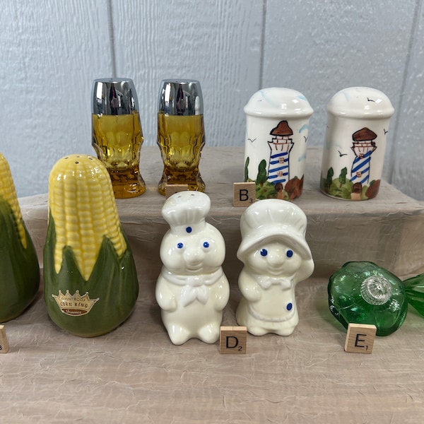 Vintage Salt & Pepper Shakers | Choose From:Amber Georgian, Painted Lighthouse, Shawnee Corn King, Pillsbury Dough Boy/Girl, Or Green Flower