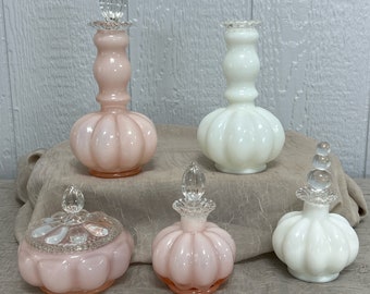 Vintage Melon Shape Fenton Glass | Choose From: Rose Overlay Puff Box, Large Perfume, Small Perfume, White Large Perfume, Or Small Perfume