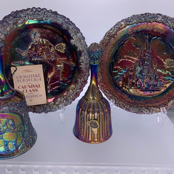 Vidrio de Carnaval Fenton / Elija entre: 1970 No. 1 Craftsmen Plate, 1979 Craftsmen Bell #9660, Faberge #8466 Bell o 1973 Christmas Plate