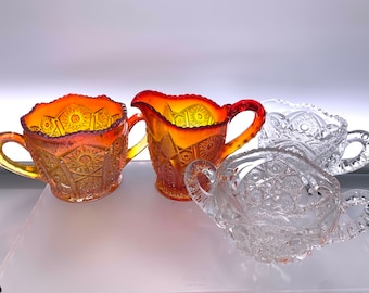 Pressed Glass Creamer & Open Sugar Set | Choose From: Indiana Glass Heirloom Carnival Iridescent Sunset Carnival #2287 Or Pres Cut Clear