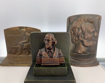 Vintage Cast Bronze Bookends | Choose From: Seated Abraham Lincoln Image, Abraham Lincoln Side Profile, Or Shakespeare Bust | Circa 1920-50s