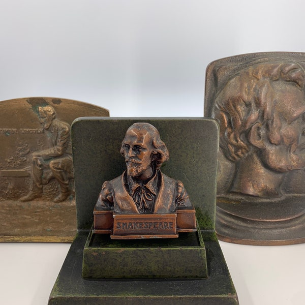 Vintage Cast Bronze Bookends | Choose From: Seated Abraham Lincoln Image, Abraham Lincoln Side Profile, Or Shakespeare Bust | Circa 1920-50s