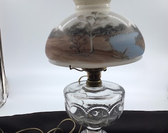 Vintage Pressed Glass Oil Lamp/Electric Conversion W/Hand Painted Frosted Globe | 360 Degree Fall River Scene | Farmhouse | Hurricane Lamp
