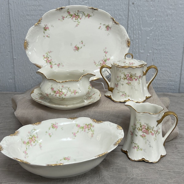 Old Abbey(Pink Roses, Gray Scrolls, Gold Daubs) - Warwick Hostess | Choose From: Creamer, Lidded Sugar, Oval Vegetable Bowl, Or Oval Platter