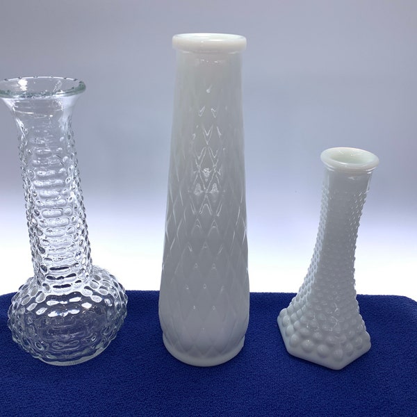 Vintage E. O. Brody Glass Bud Vase | Choose From: Clear Hobnail, Milk Glass Quilt Pattern, Or Milk Glass Hexagonal Hobnail