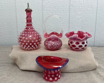 Rare Cranberry Opalescent Glass | Choose From: Barber Bottle, Double Ruffled Coin Spot 5" Vase, Snowflake Basket, Or Stars & Stripes Top Hat