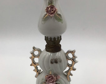 Vintage Miniature Porcelain Pink Rose Oil Lamp | Matching Floral Porcelain Shade | Victorian Farmhouse