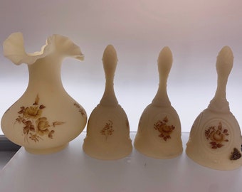 Fenton Satin Custard Hand Painted Chocolate Rose Pieces | Choose From: Chocolate Rose Bell Or Chocolate Rose Vase