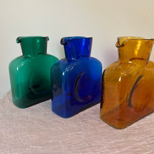 Vintage 8" #384 Blenko Art Glass Refrigerator Double Spout Water Bottle | Choose From: Cobalt, Clover, Red, Or Topaz