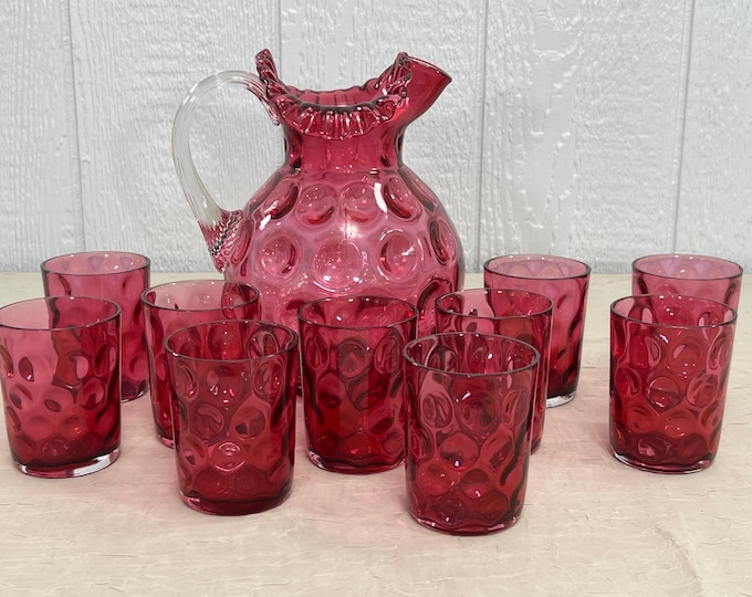 Featured listing image: Vintage Fenton Cranberry Coin Dot Ruffled Rim Pitcher w/Clear Handle & 10 Coin Dot Tumblers