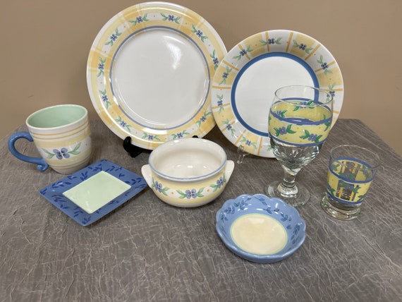 Vintage Pfaltzgraff Stoneware Yellow Plaid & Blue Floral 