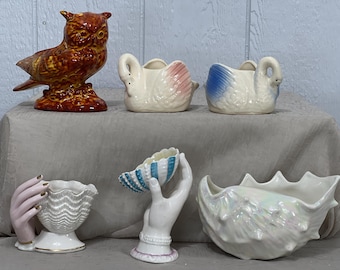 Vintage Figural Planter | Choose From: Owl, Pink Swan, Blue Swan, Side Hand On Shell, Hand Holding Shell, Or Iridescent Conch Shell