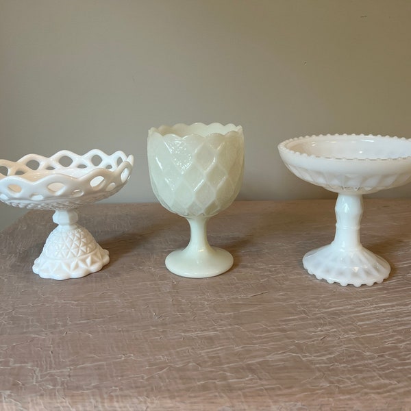 Imperial & Indiana Glass White/Skim Milk Glass | Choose From: Pierced Rim Compote, Diamond Skim Milk Scalloped Goblet, Or Skim Milk Compote