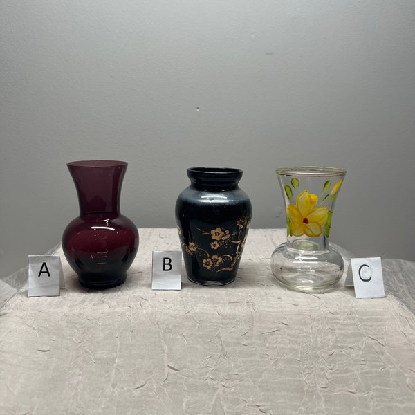 Vintage Glass Bud Vase | Choose From: Amethyst Flared Rim Vase, Black/Silver w/Gold Floral Vase, Or Hand-Painted Floral Flared Vase