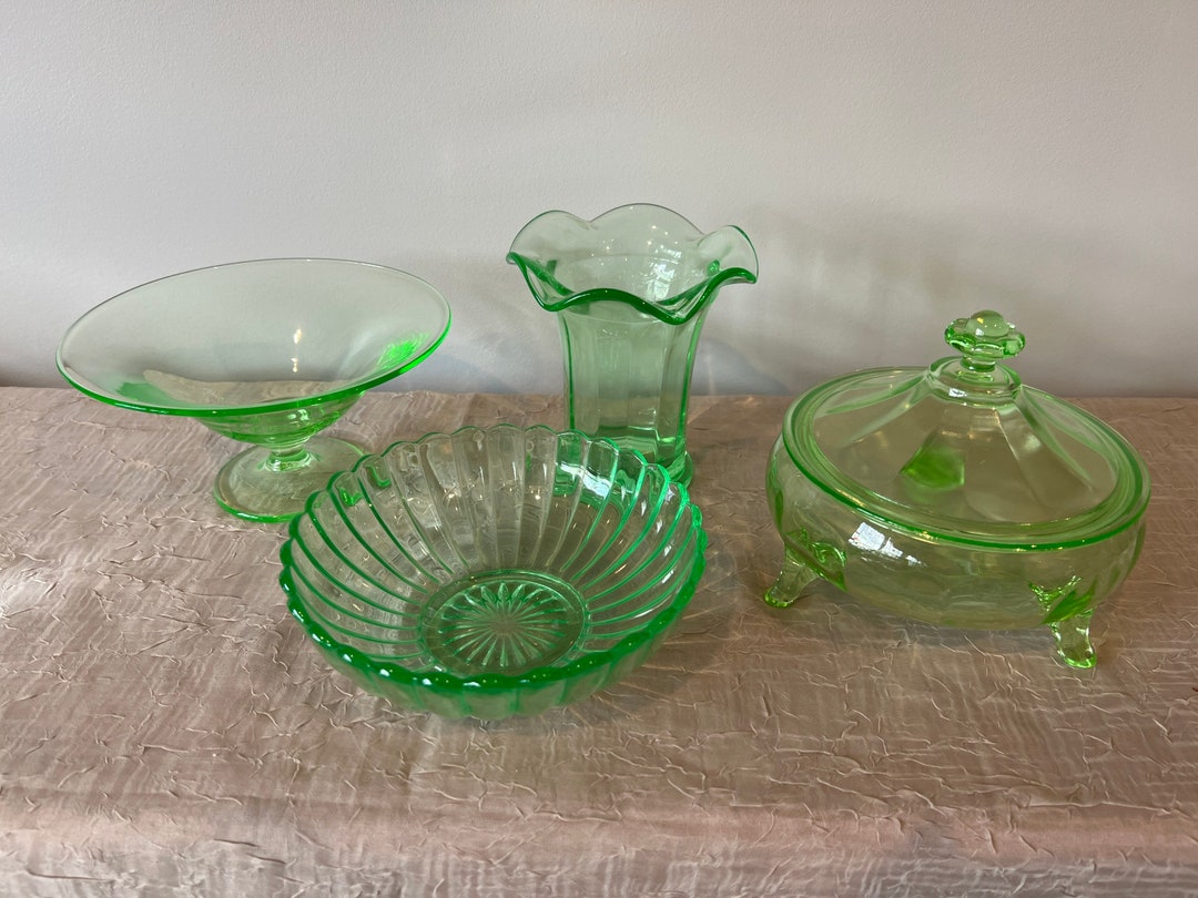 Vintage Green Uranium Glassware Choose From: 3 Footed Candy Dish I ...
