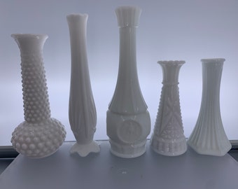 Vintage Milk Glass Bud Vase | Choose From: E. O. Brody Hobnail,  E. O. Brody Vertical Lines, Eagle, Quilt Pattern, Or Cactus Pattern