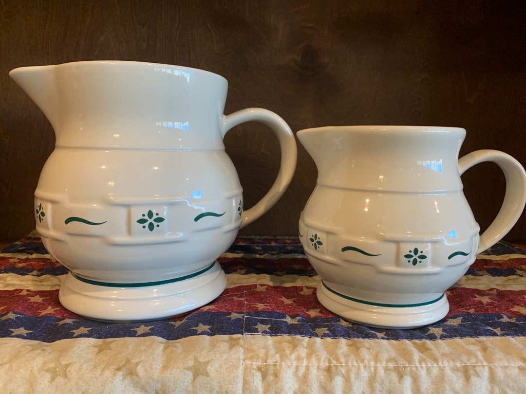 Longaberger Classic Woven Traditions Cream/green Pitcher Choose From 2 64  Oz Made in East Liverpool or 32 Oz Made in USA 1990s 