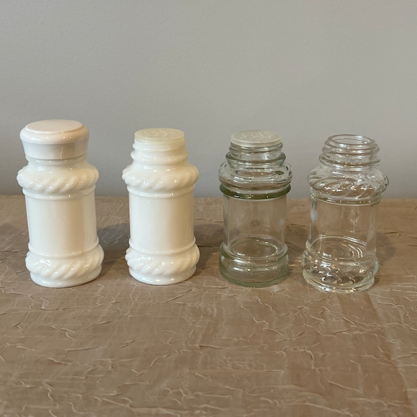 Hazel Atlas Farmhouse Rope Glass Spice Shakers | Choose From: Milk Glass-w/Lid, Milk Glass-No Lid, Clear Glass-No Lid, Clear Glass-Jar Only