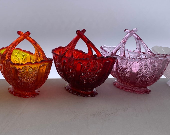 Featured listing image: Fenton Small Daisy and Button Split Handle Basket | Choose From: Amber, Amberina, Ruby Red, Pink, Or Milk Glass