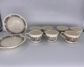 Vintage Royal China Sussex Transfer Ware Floral China | Choose From 3 Sets | Brown Tea Cups/Black Tea Cups/DarkBrown Bowls | Made In The USA