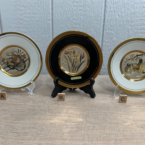 The Art Of Chokin 24K Gold & Silver Engraved Samurai  6" Plates | Choose From: Flower Cart, Butterly in Flowers, Or Birds