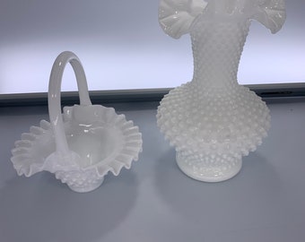 Fenton Hobnail Milk Glass Decor | Choose From: 11" Double Crimped Ruffled Edge Baluster Shaped Vase Or 7" Candy Ribbon Edge Handled Basket