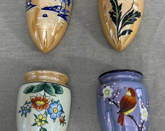Vintage Hand-Painted Porcelain Lusterware Wall Pocket | Choose From: Gold Lake Scene, Orange/Blue Floral, Floral On Gold, Or Bird On Branch