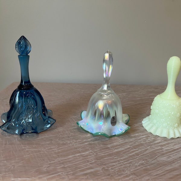 Fenton Bell | Choose From: Blue Paisley Swirl, Opalescent Iridized Emerald Crest, Or Shiny Custard Daisy and Button