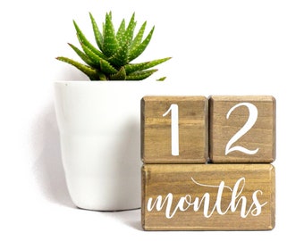 Premium Natural Baby Age Blocks | Solid Wood | Months, Weeks, Years, Grade Milestones | Baby Shower Gift, Photo Prop | Walnut Stained