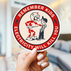 Reddy kilowatt, remember kids electricity will kill you, vintage funny sticker decal, nostalgic gifts, for water bottle, laptop, skateboard