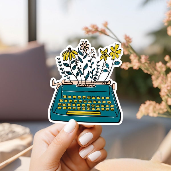 Vintage look sticker, hippie sticker, waterproof vinyl sticker, water bottle sticker, laptop sticker, floral typewriter sticker, gift writer