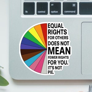 May include: A round sticker with a rainbow-colored pie chart design and the text "EQUAL RIGHTS FOR OTHERS DOES NOT MEAN FEWER RIGHTS FOR YOU. IT'S NOT PIE." The sticker is on a laptop.