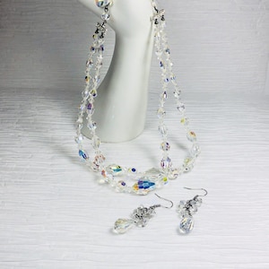 Vintage AB Crystal Necklace Earring Set Graduated Double Strand Mid Century Demi Parure Gift for Her Wedding Jewelry Bridesmaid Gift