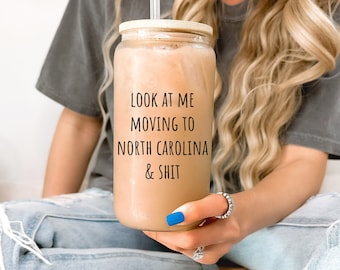 Customizable North Carolina Glass Cup, North Carolina Glass Tumbler, North Carolina Iced Coffee Cup, Funny House Warming Gift Travel Mug