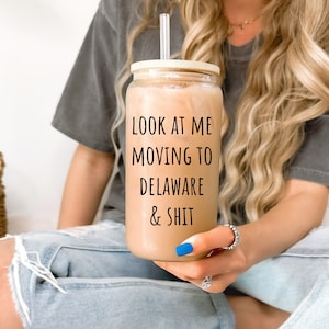 Customizable Delaware Glass Cup, Delaware Glass Tumbler, Delaware Iced Coffee Cup, Delaware Travel Mug, Funny Gift, House Warming Gift