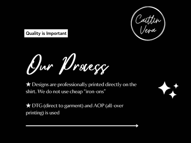 以下が含まれることがあります： 黒地に白黒のテキストで「Quality is Important」と「Our Process」と書かれています。テキストはデザインに使用される印刷プロセスについて説明しています。テキストには、円の中に「Caitlin Vera」という名前も含まれています。